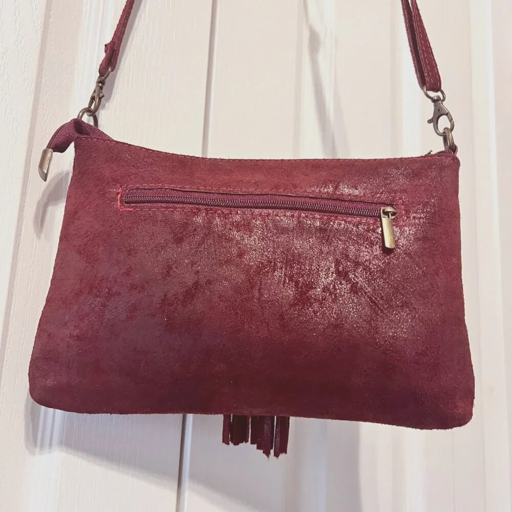 Borse In Pelle-Deines-Soft Calf Leather Crossbody Red Purse-Tassels-Adj Strap - Picture 9 of 15
